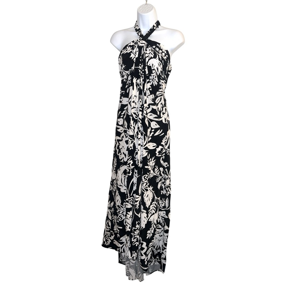 Figue Elenor Halter Maxi Dress Black White Floral Print Size 8 NWT - Picture 2 of 12